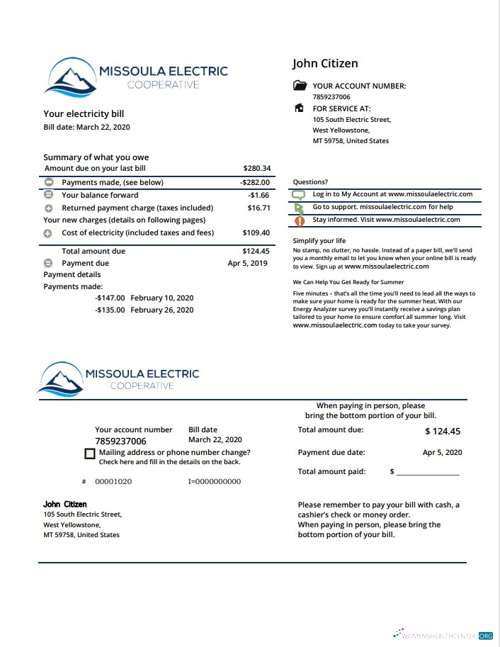 USA Montana Missoula Electric Cooperative electricity utility bill template in Word and PDF format